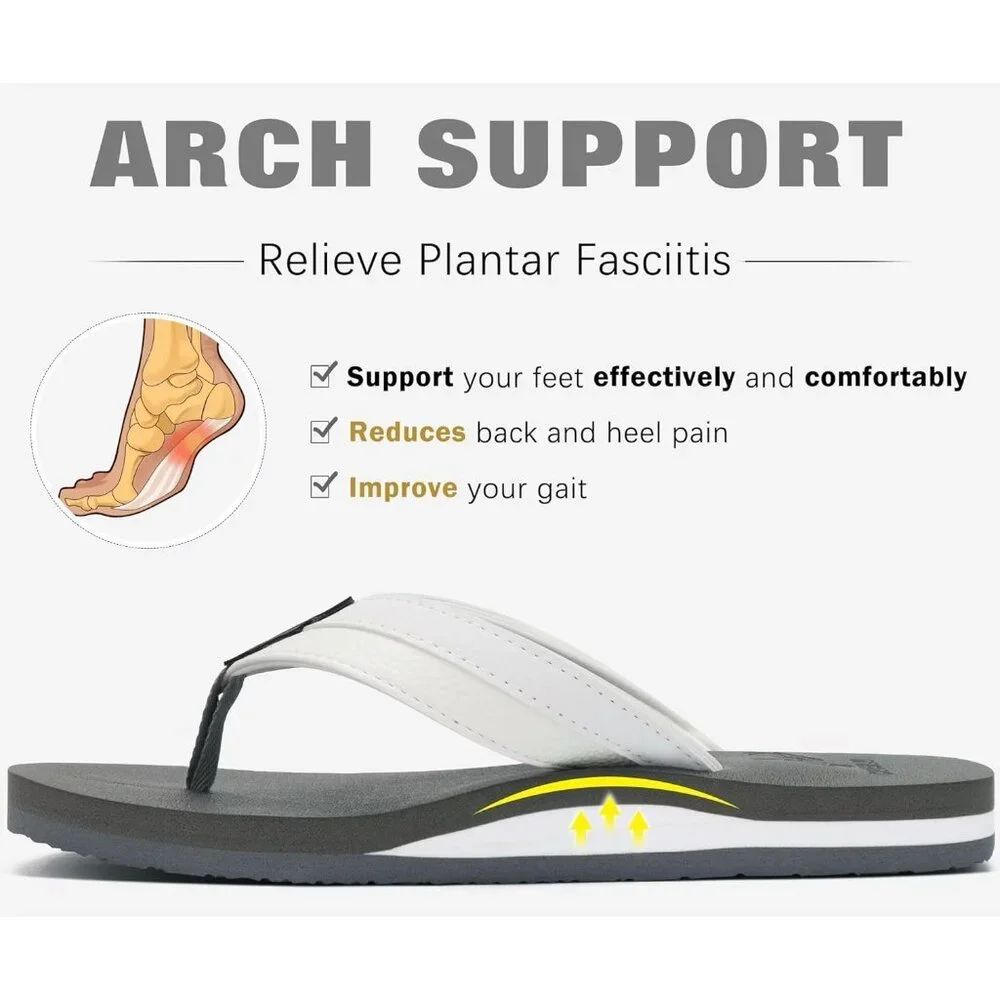 👉 Men's Flip Flop Sandal White Gray Leather Slip On Arch Support Comfort Shoes